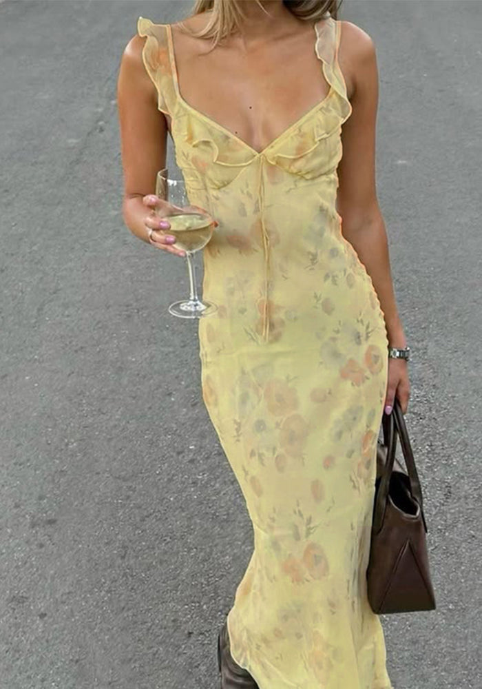 Chic Holidays Floral Strap Ruffle Sexy Flying Sleeve Long Dress