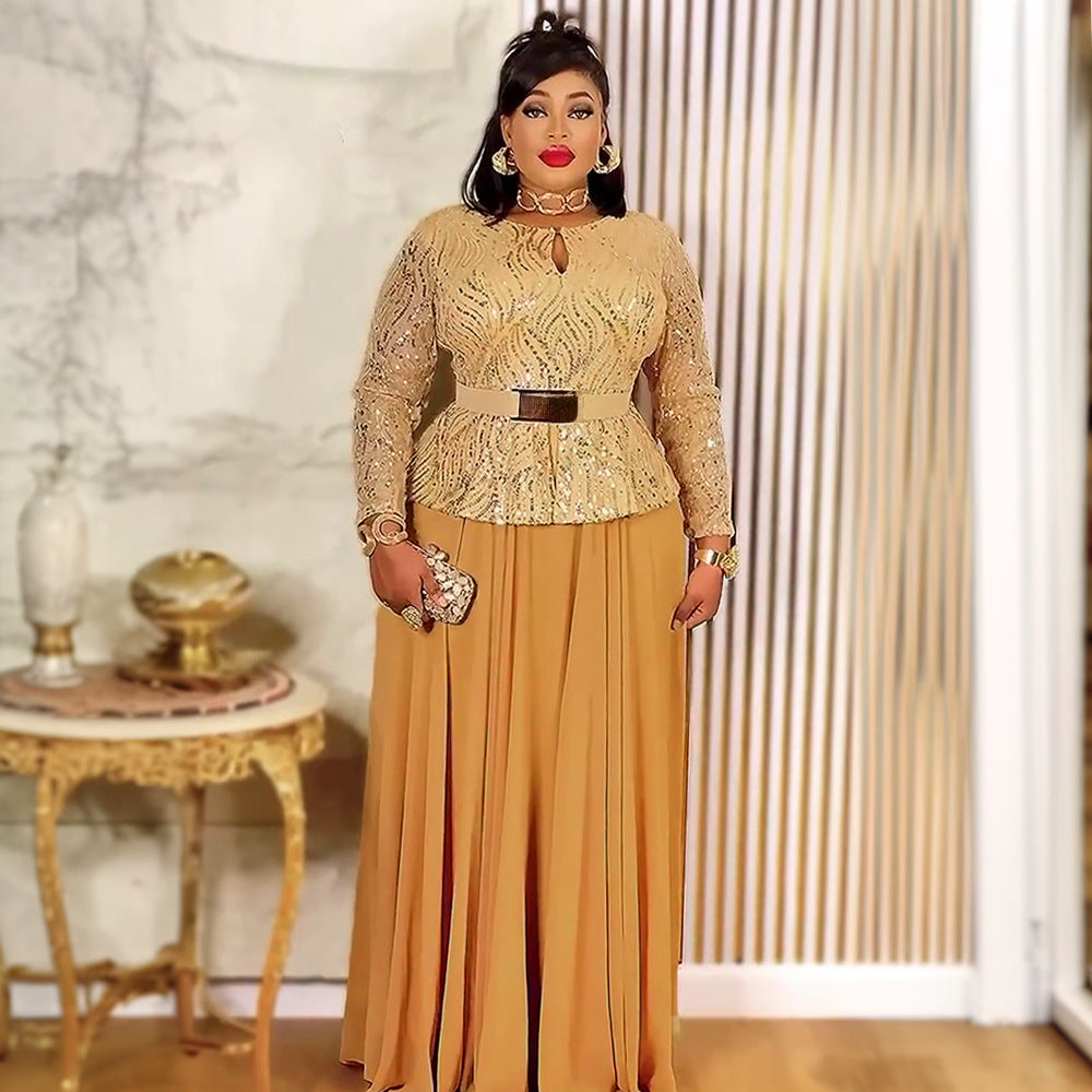 Sequin Formal Party Gown African Women's Plus Size Dress with Belt 4