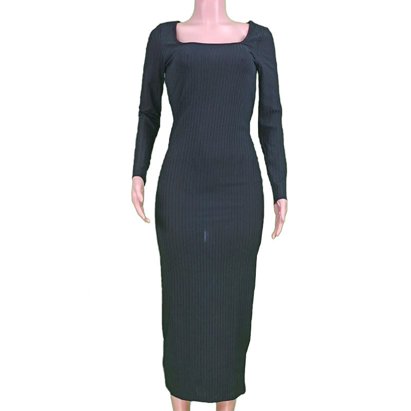 Women Spring Sexy Solid U-shaped Neck Long Sleeve Slit Ribbed Dress 8