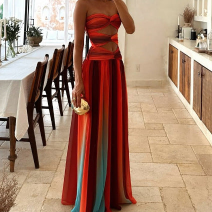 Gradient Color Strapless Hollow Out Long Gown Sexy Casual Summer Dress for Vacation