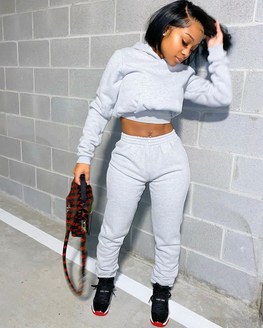 Women Fall/Winter Solid Hoodies and Pant Sport Two-Piece Set