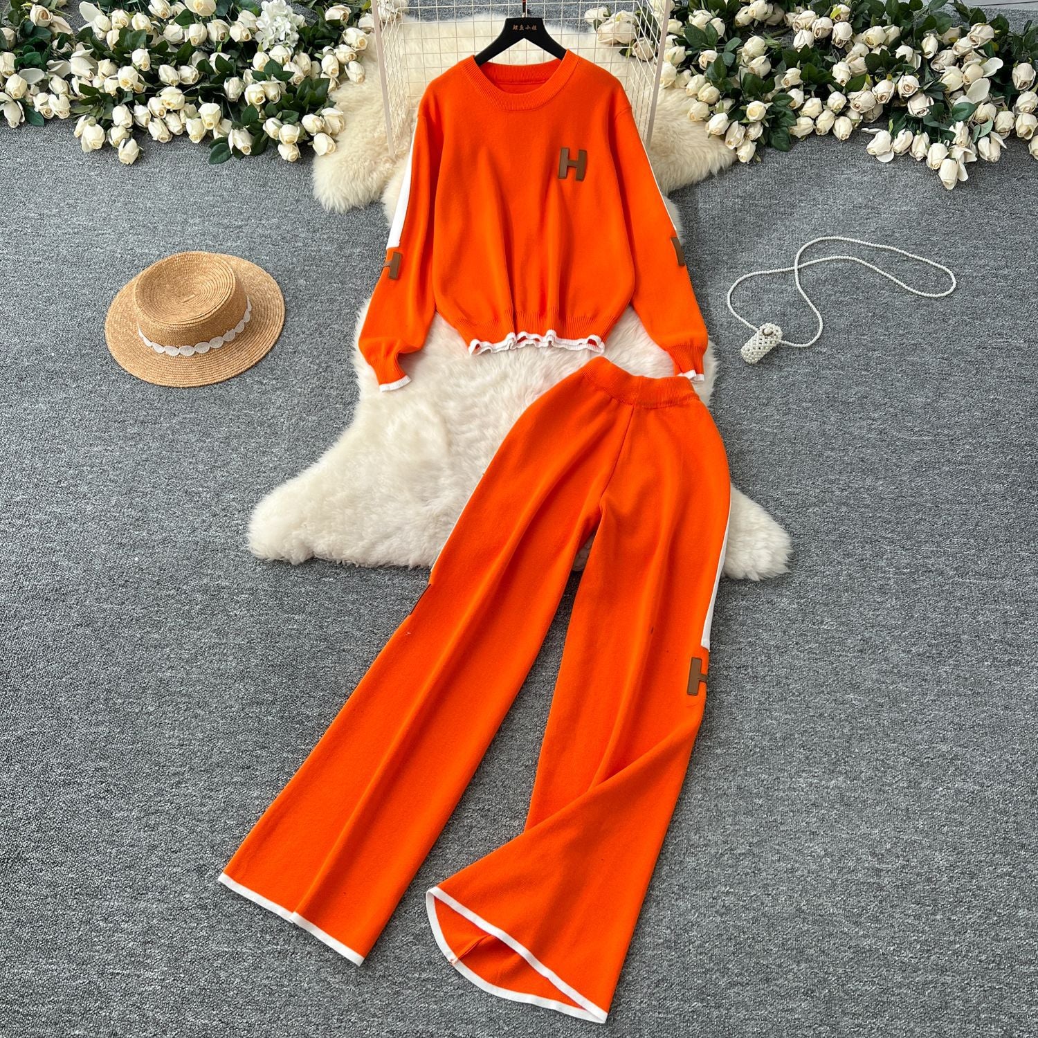 Women Letter Embroidery Knitting Long Sleeve Sweater Wide Leg Pants Two Piece 8