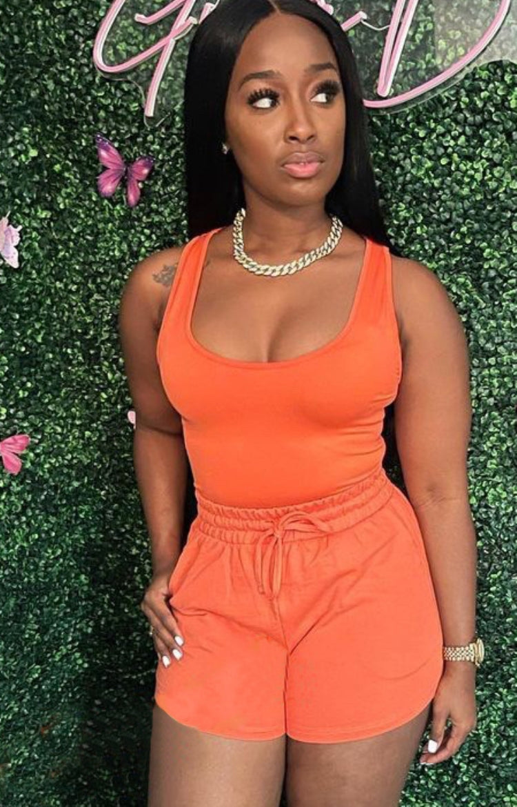Summer Casual Orange Vest and Drawstrings Shorts 2PC Set
