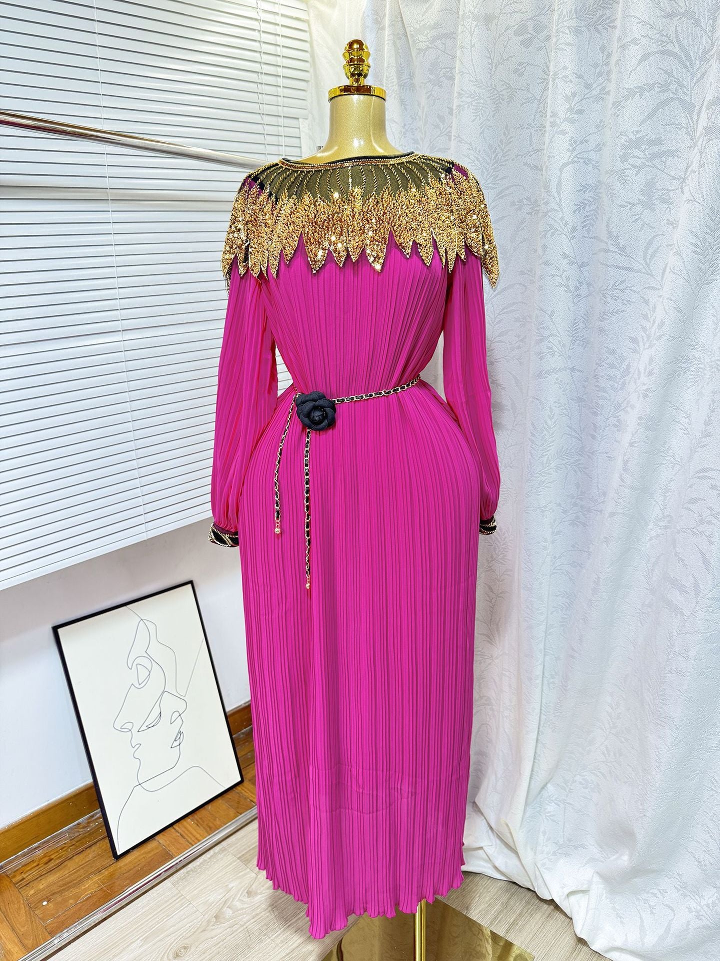 Luxury Sequin Cape Patch Slim Waist Pleated Loose Long Dress 13