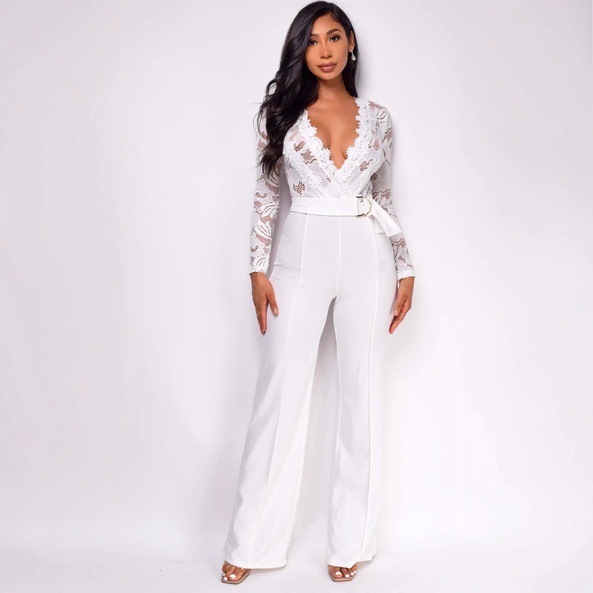 Women Lace Patchwork Long-Sleeved Casual Wide-Leg Jumpsuit 4
