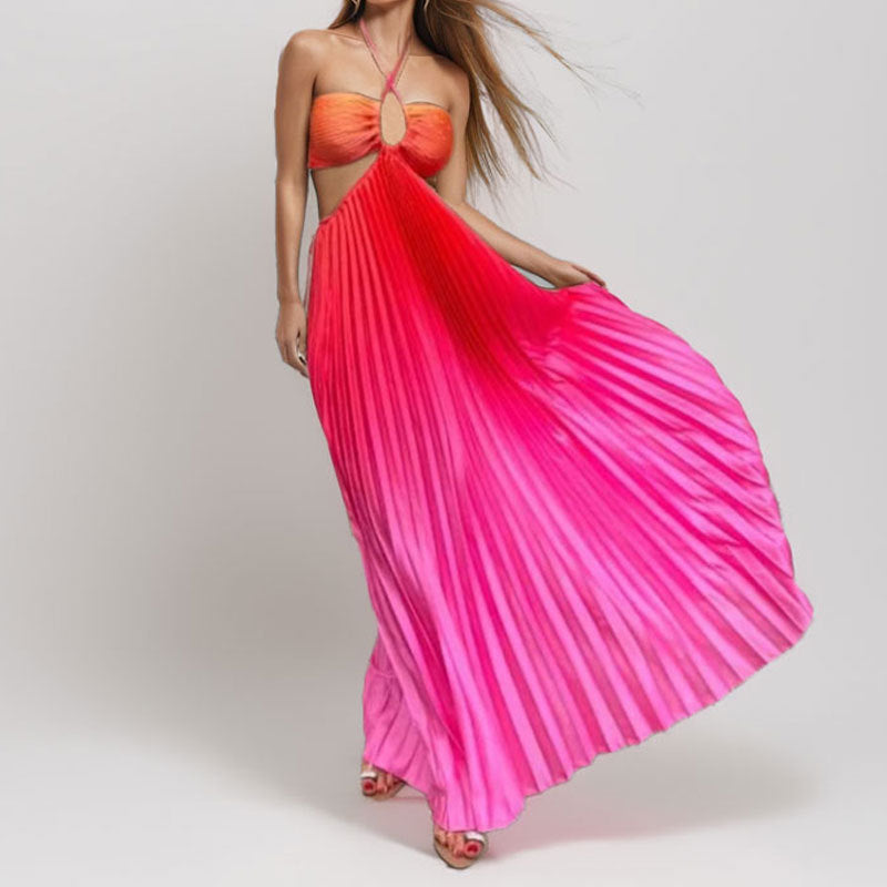 Women summer gradient Halter Neck pleated beach Holidays Maxi Dress 5