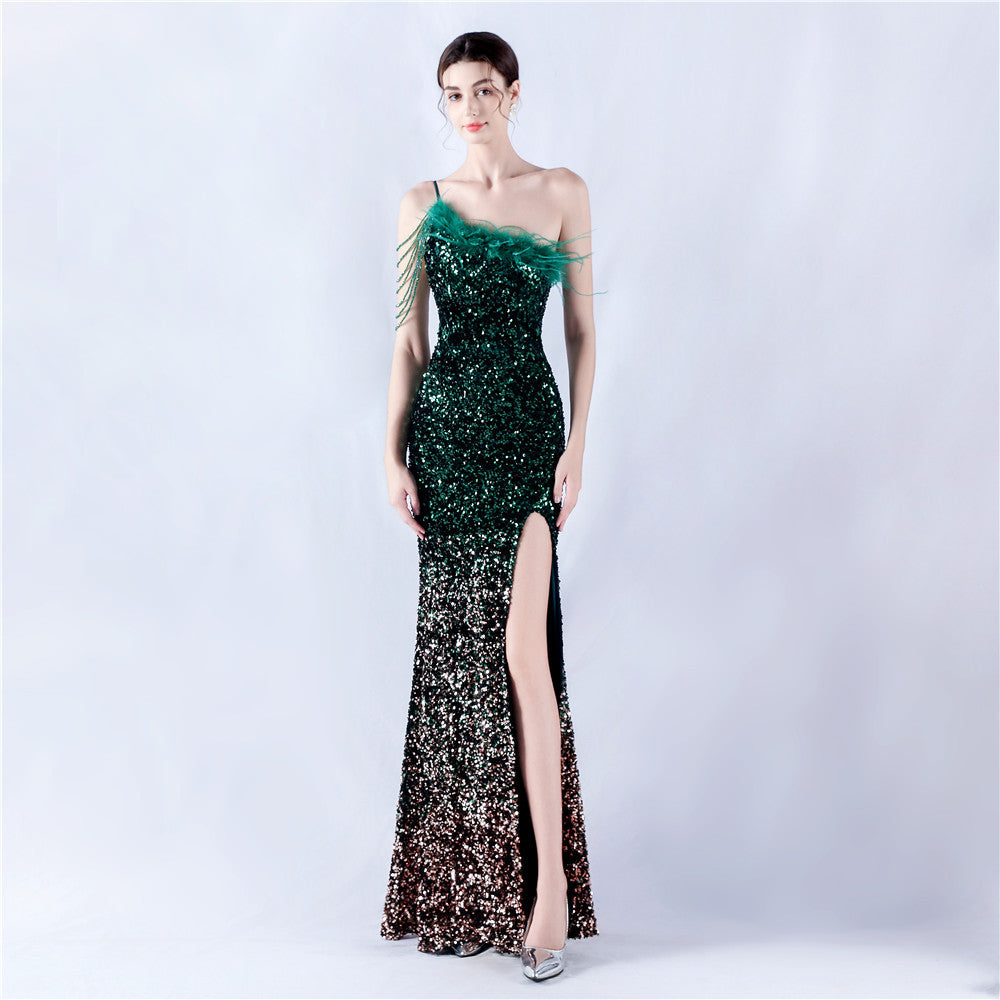 Women Ostrich Feather Beaded Sequin One Shoulder Slash Shoulder Slit Evening Dress 4