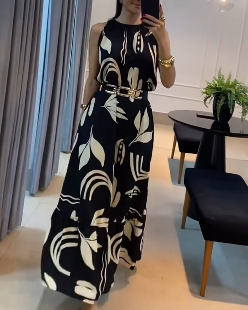 Women Sleeveless Leaf Black and White Print Maxi Dress--No Belt 3