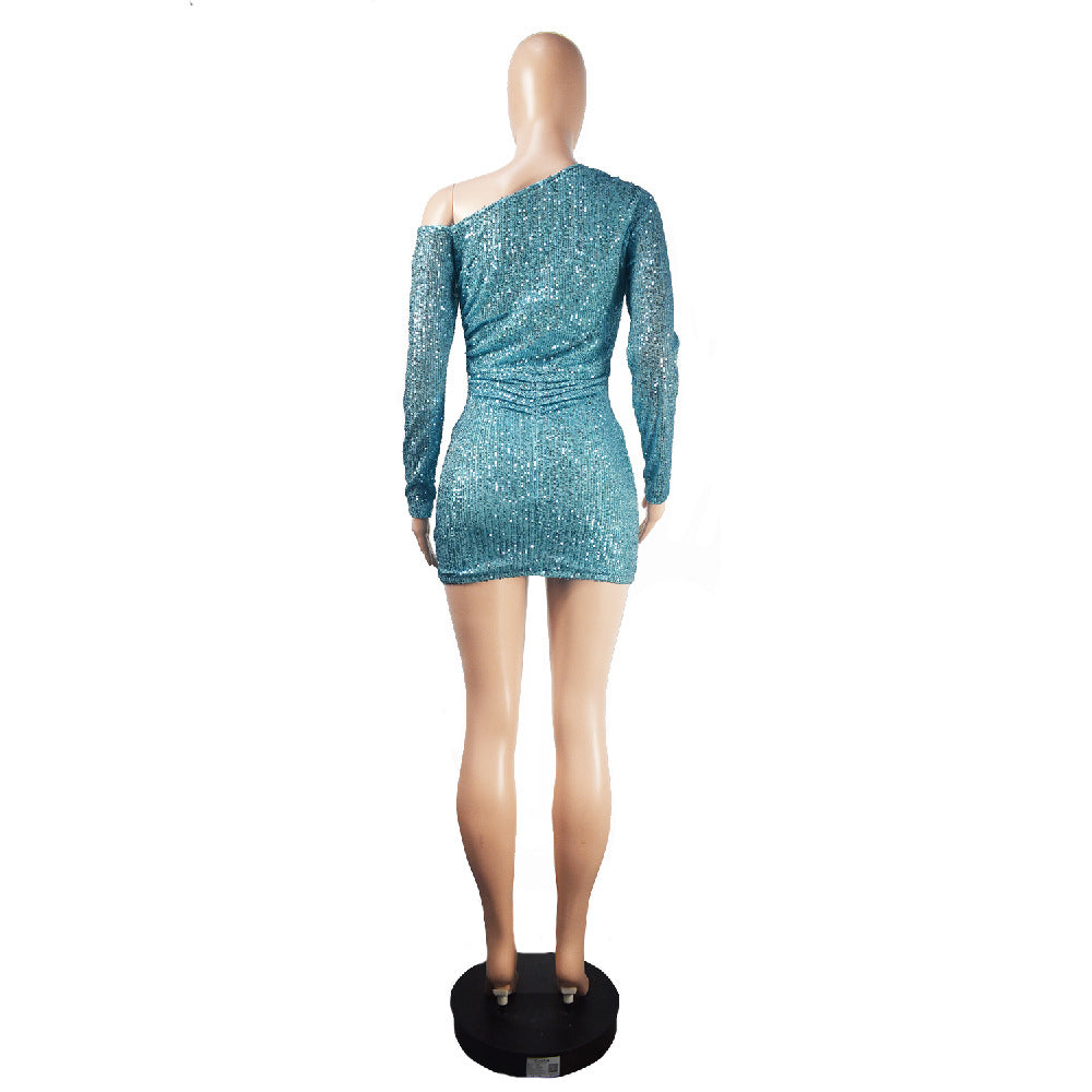 Women Slash Shoulder Off Shoulder Long Sleeve Sequined Bodycon Dress 10