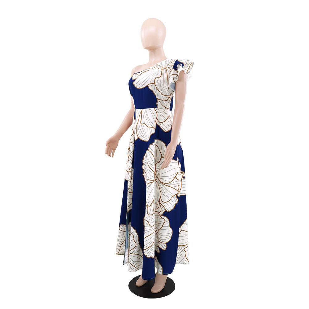 Chic Print Slash Shoulder High Slit Long Dress 5