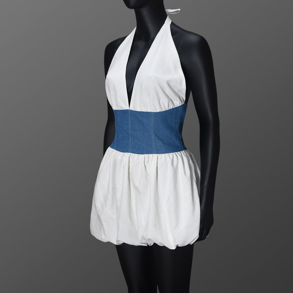 Women Fall Sexy Backless Lace-Up Contrast Patchwork Halter Neck Dress 7