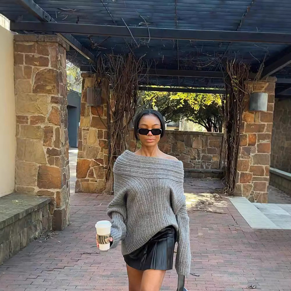 Spring And Autumn Off Shoulder Loose Casual Knitting Shirt Long Sleeve Sweater 9