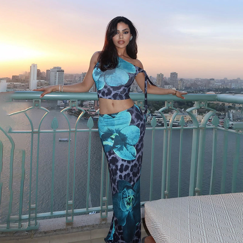 Women Summer Style Sleeveless Contrast Leopard Flower Print Crop Top and Skirt Two-Piece Set 3