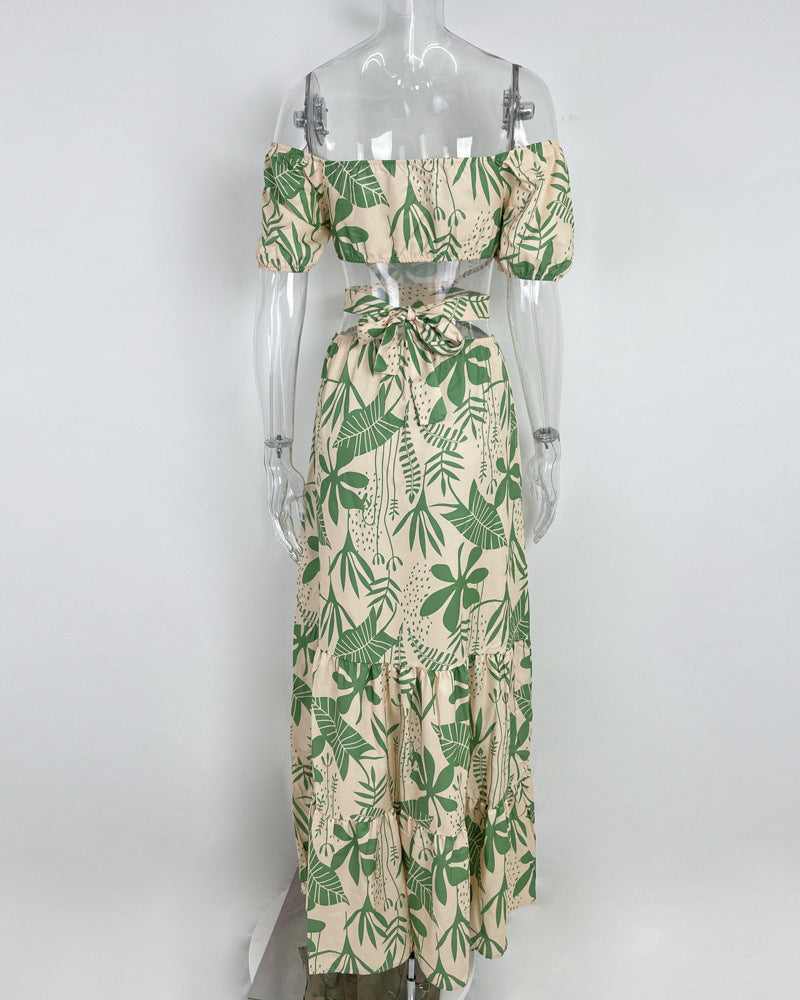 Women Sexy Print Off Shoulder Hollow Lace-up Dress 10