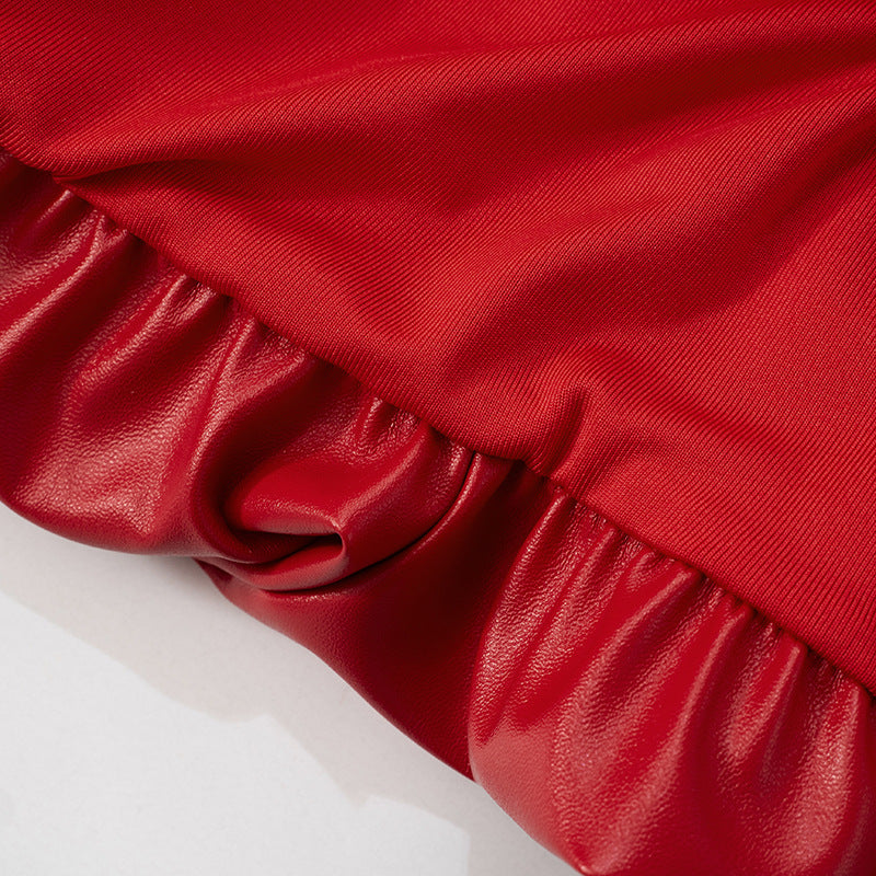 Women nightclub sexy pu Leather jacket Top flower bud SKirt Two Piece Set 17