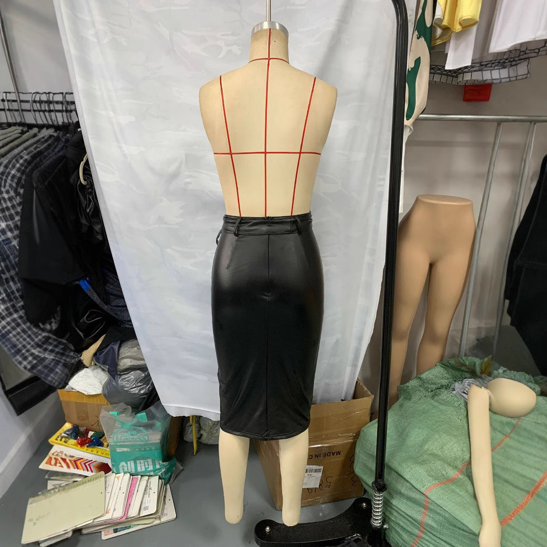 Women slit sexy pu Leather lace Bodycon Skirt