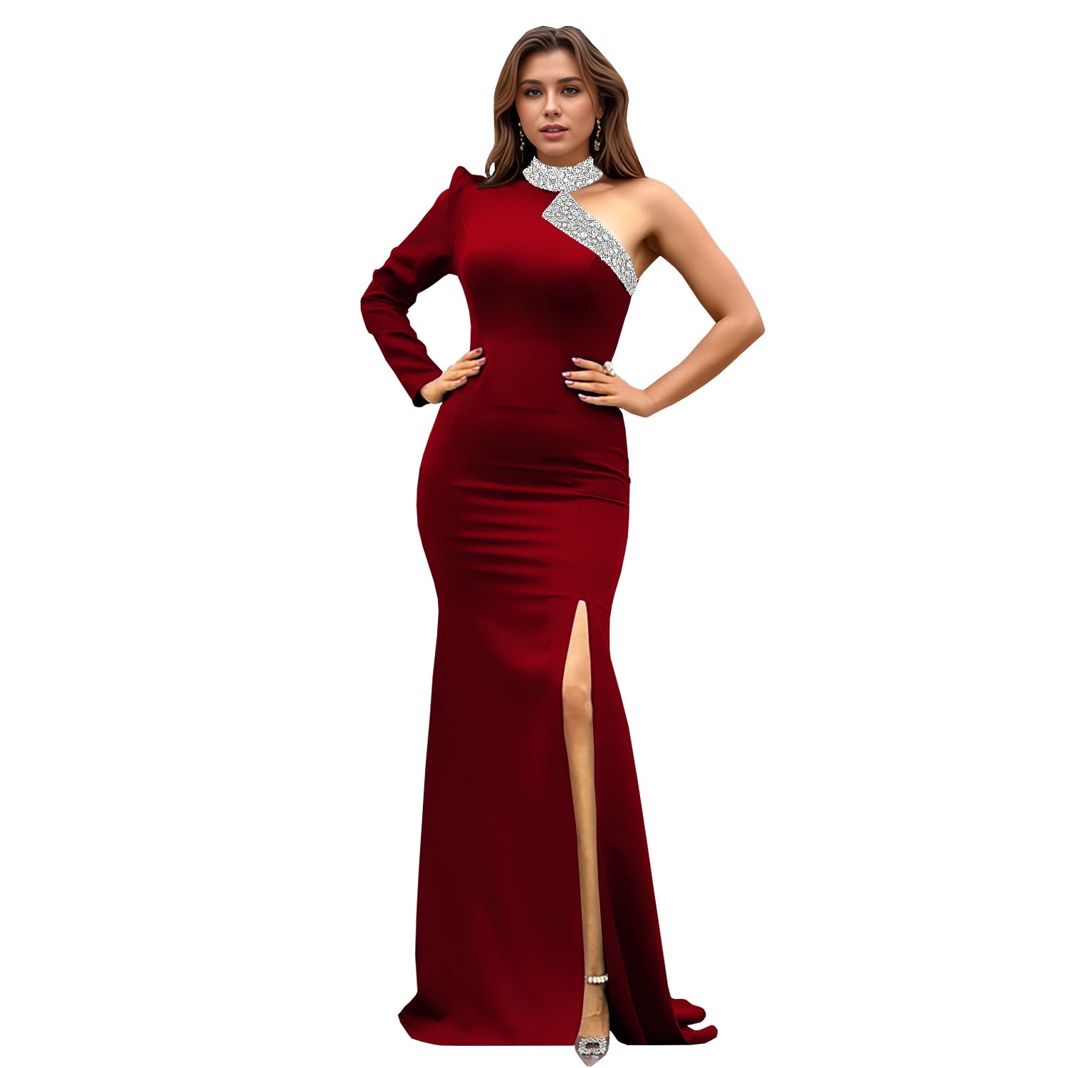 Women Sexy Off Shoulder Beaded Slit Dress 16