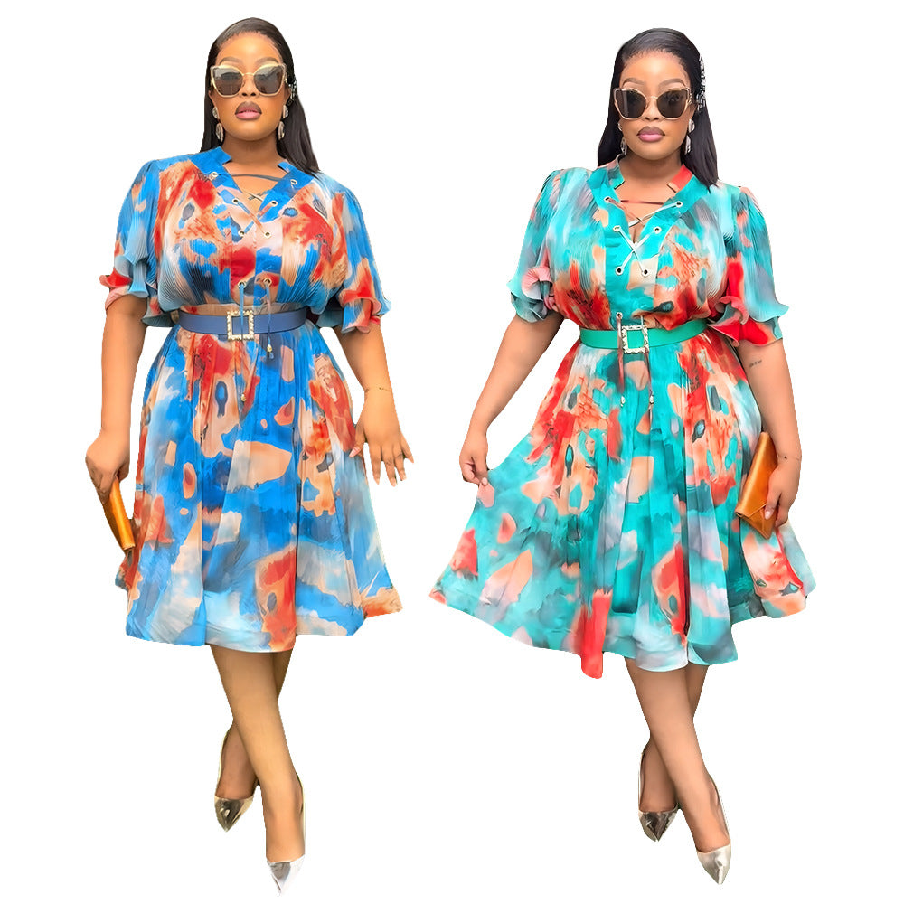 Plus Size African Women V-neck Print Dress 3