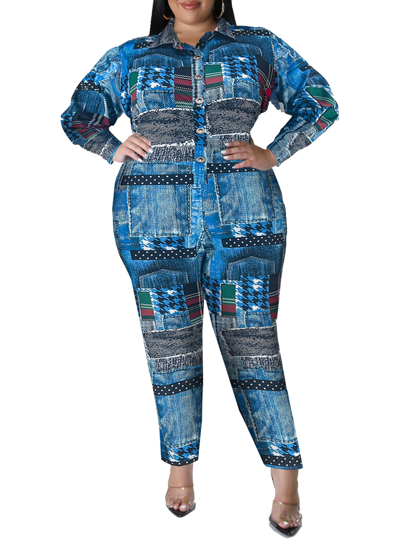 Plus Size Women's Fall Print Long Sleeve Jumpsuit 15