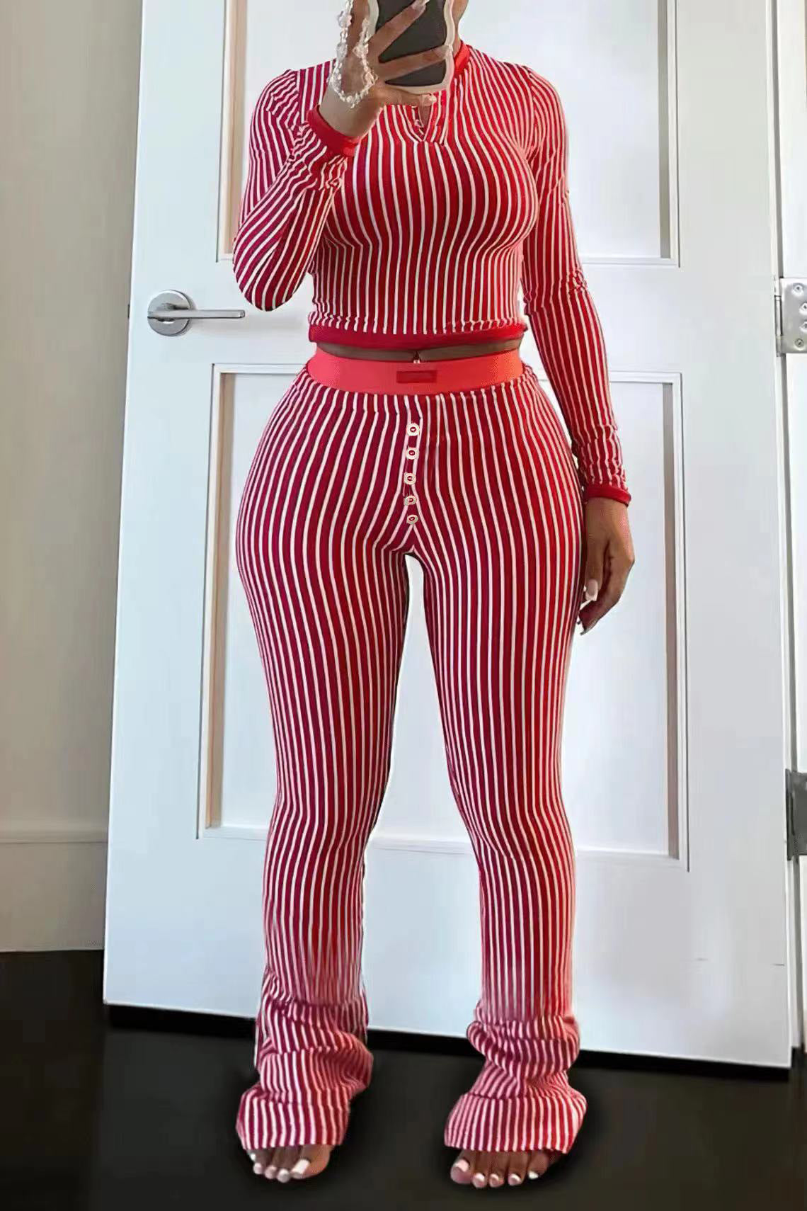 Women Fall and Winter Striped Top and Pant Two-Piece Set