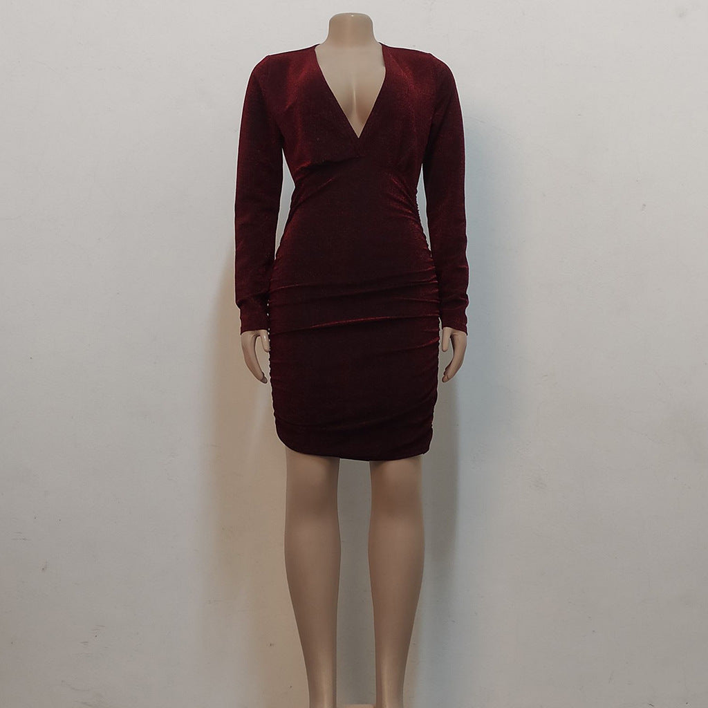 Sexy Fashion Bright Silk V-Neck Women's Long Sleeve Dress 7