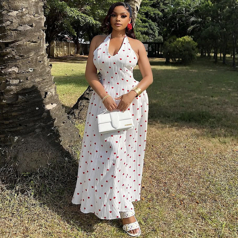 Women's Summer Halter Neck/V-Neck Printed High Waist Long Dress