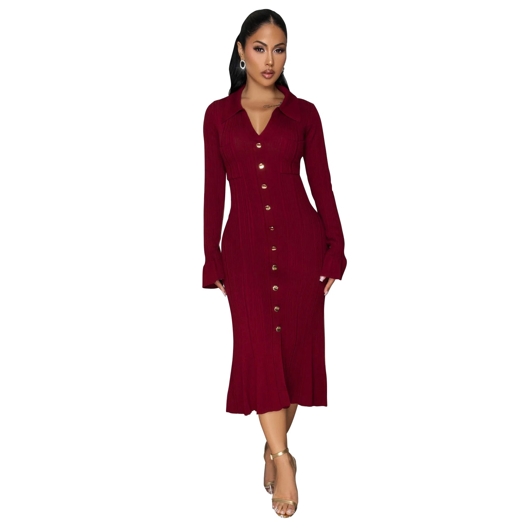 Women's Fashion V-Neck Single Row Buttons Long Sleeve Solid Long Dress 38