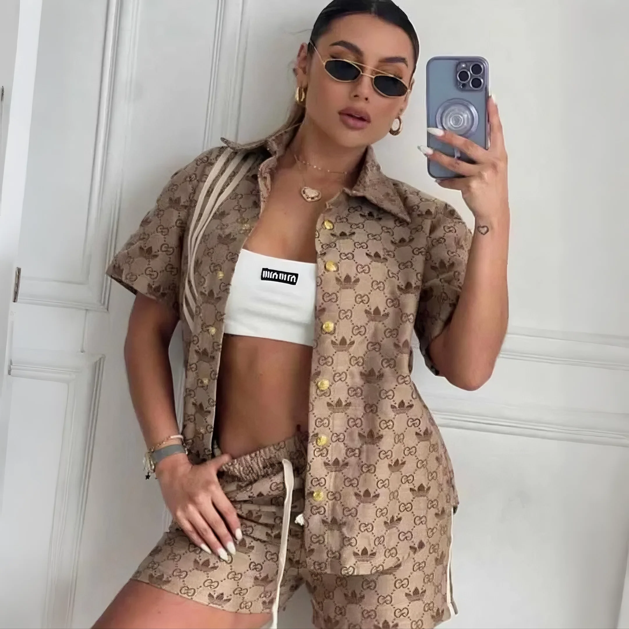 Women Print Turndown Collar Short-Sleeved Shirt