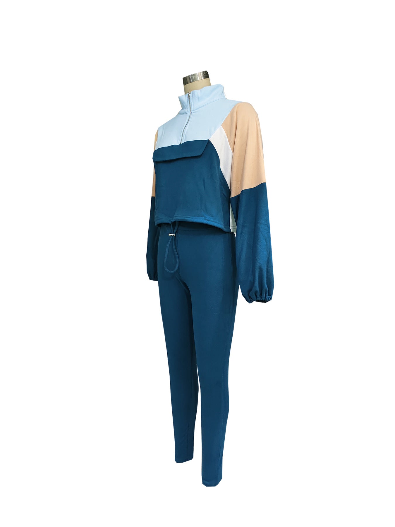 Autumn Contrast Color Zipper Patchwork Top Tight Fitting Pants Sports Two-Piece Set 12