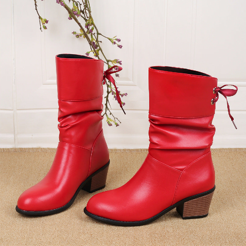 Back Lace-Up Mid-Tube Boots Women Autumn And Winter Thick Heel Round Toe Mid-Heel Plus Size Knight Boots 7