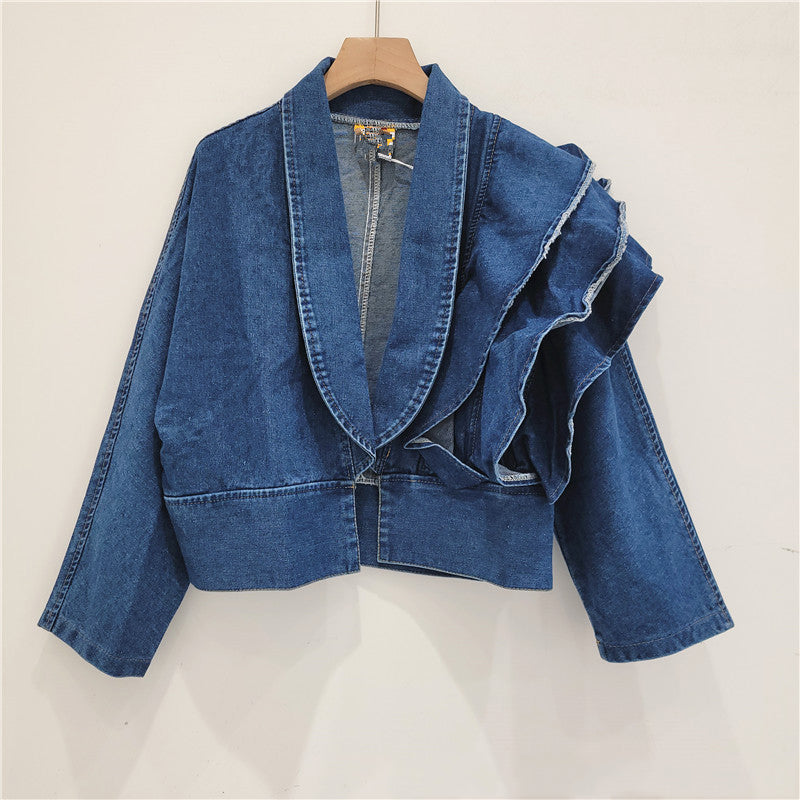 Women Trend Spring Fashion V-Neck Design Ruffle Long Sleeve Short Denim Jacket 7
