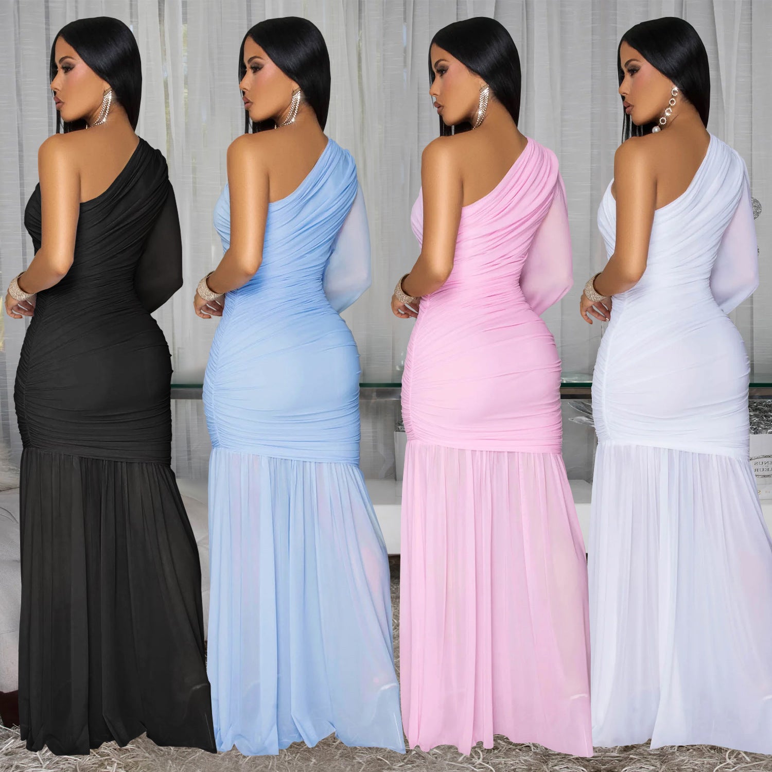 Women Sexy Slash Shoulder Mesh Dress 6