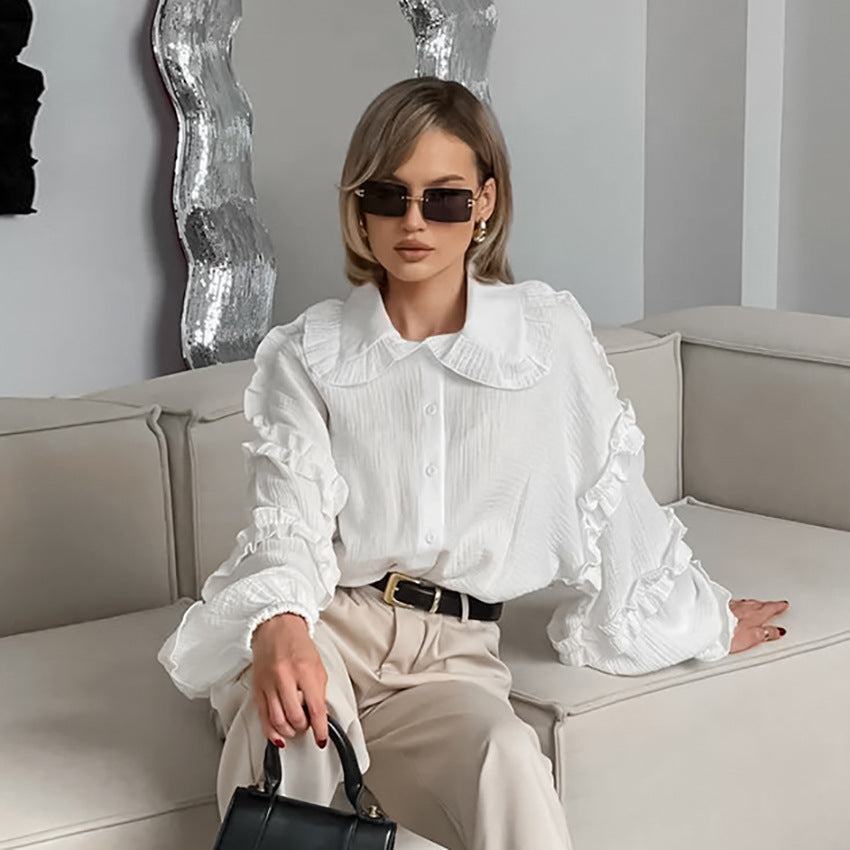 Women Spring and Summer Casual Turndown Clar Lantern Sleeve Career Shirt 7