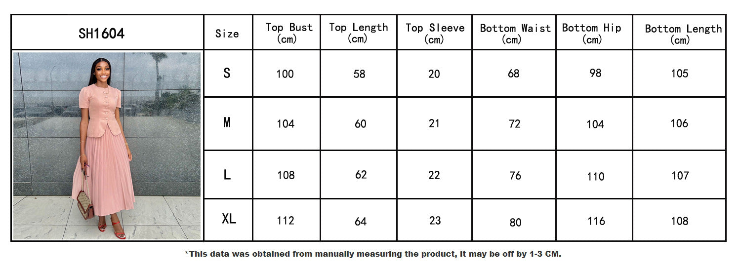 Autumn Career Women Button Short-Sleeved Top Pleated Skirt African Two-Piece Set 7