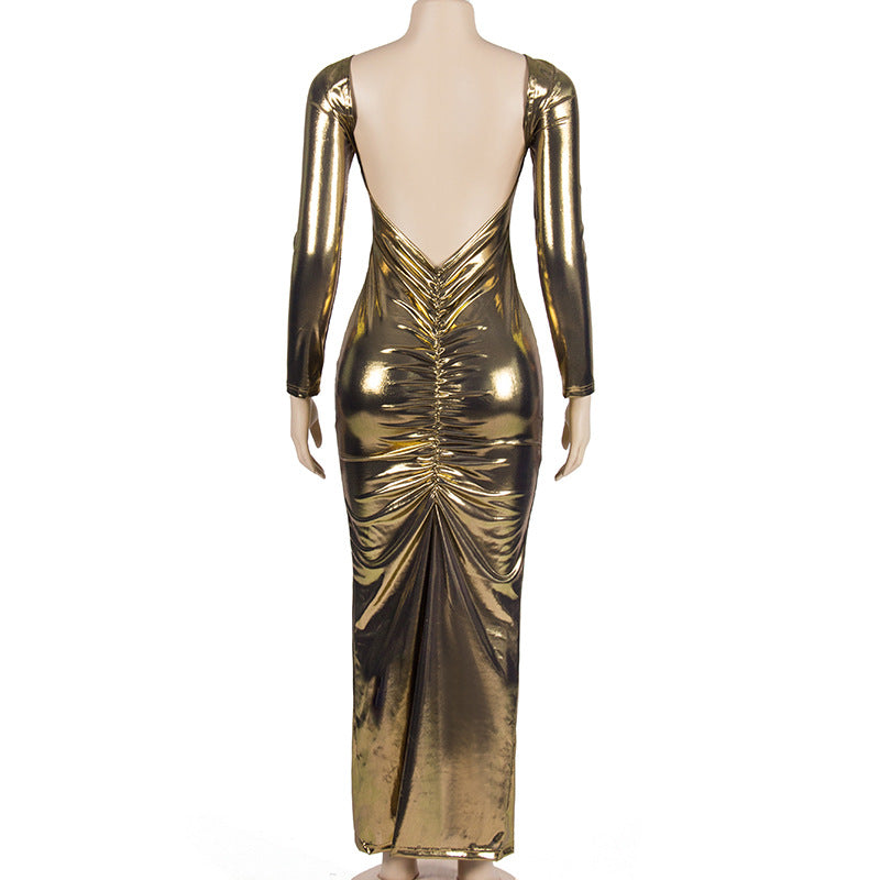 Women Summer Solid Round Neck Long Sleeve Bodycon Backless Maxi Dress 13