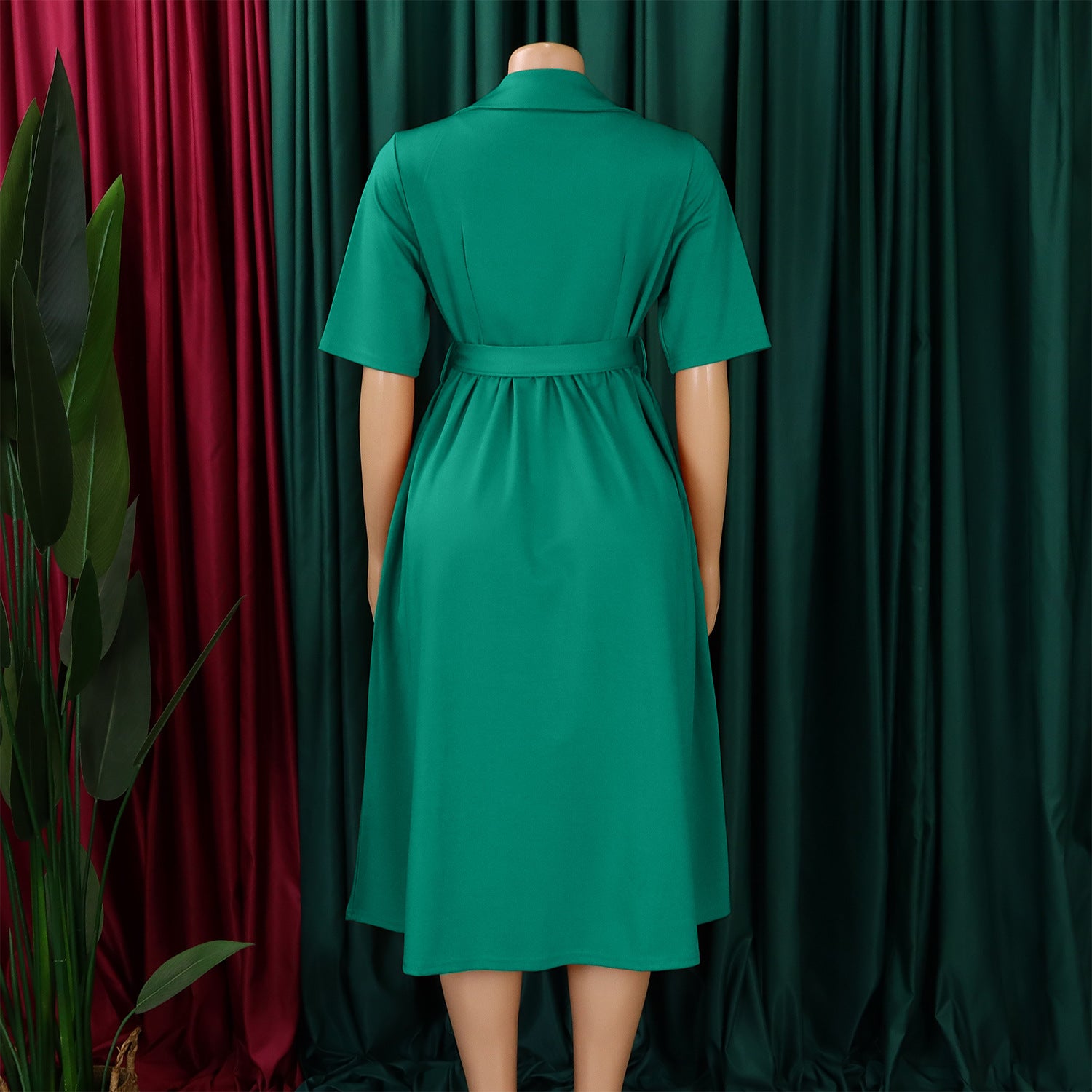 Plus Size Women Summer Short Sleeve Turndown Collar Lace-Up Solid African Dress 14