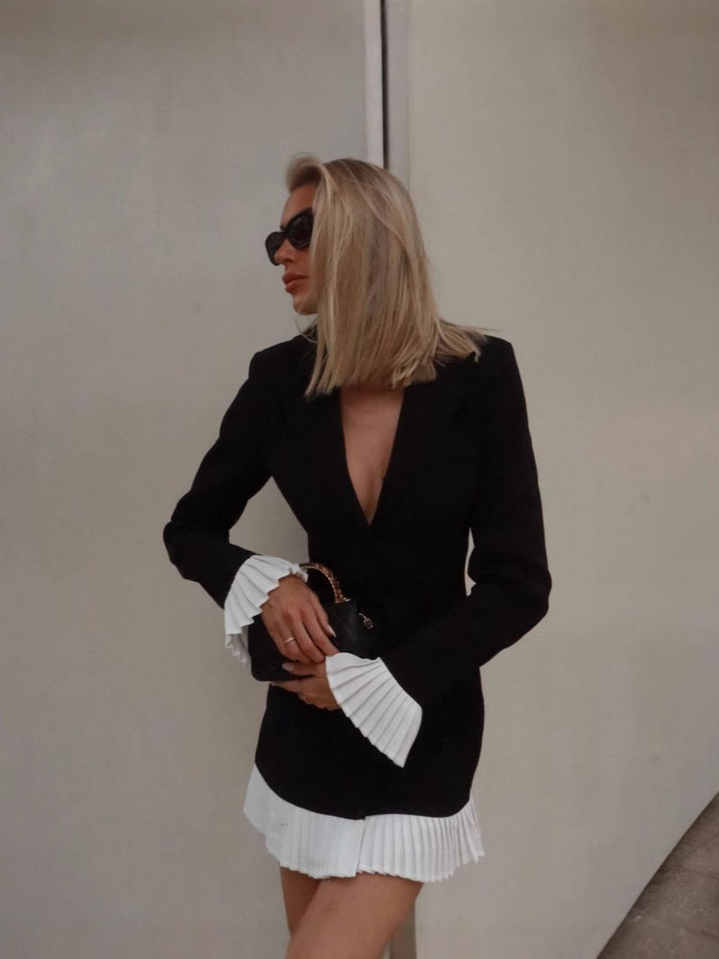 Women Spring and Summer Black and White Contrast Pleated Ruffle Blazer Dress 3