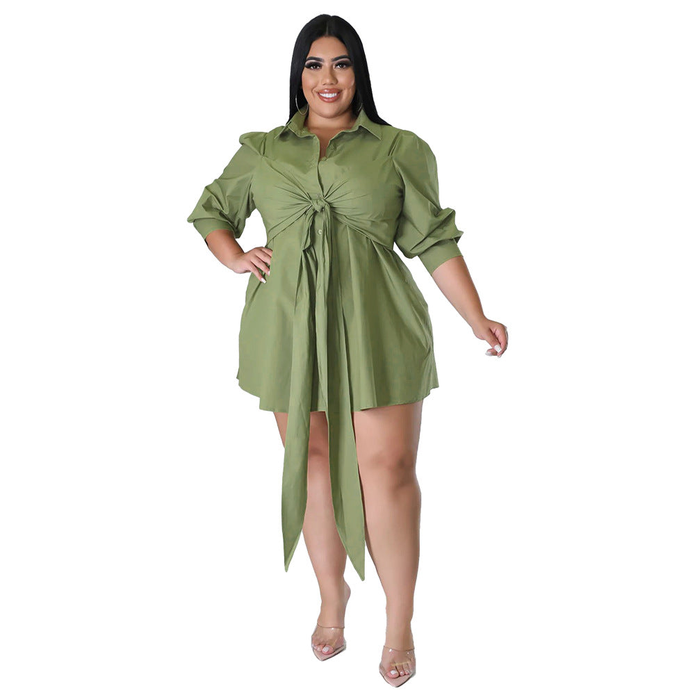 Plus Size Women Sexy Solid Tie Long Sleeve Shirt Dress 12