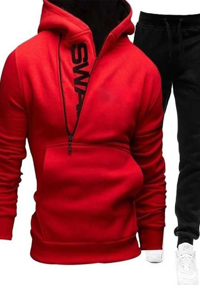 Men's Side Zip Contrast Hood Fleece Hoodies Sweatpants Two Piece Set