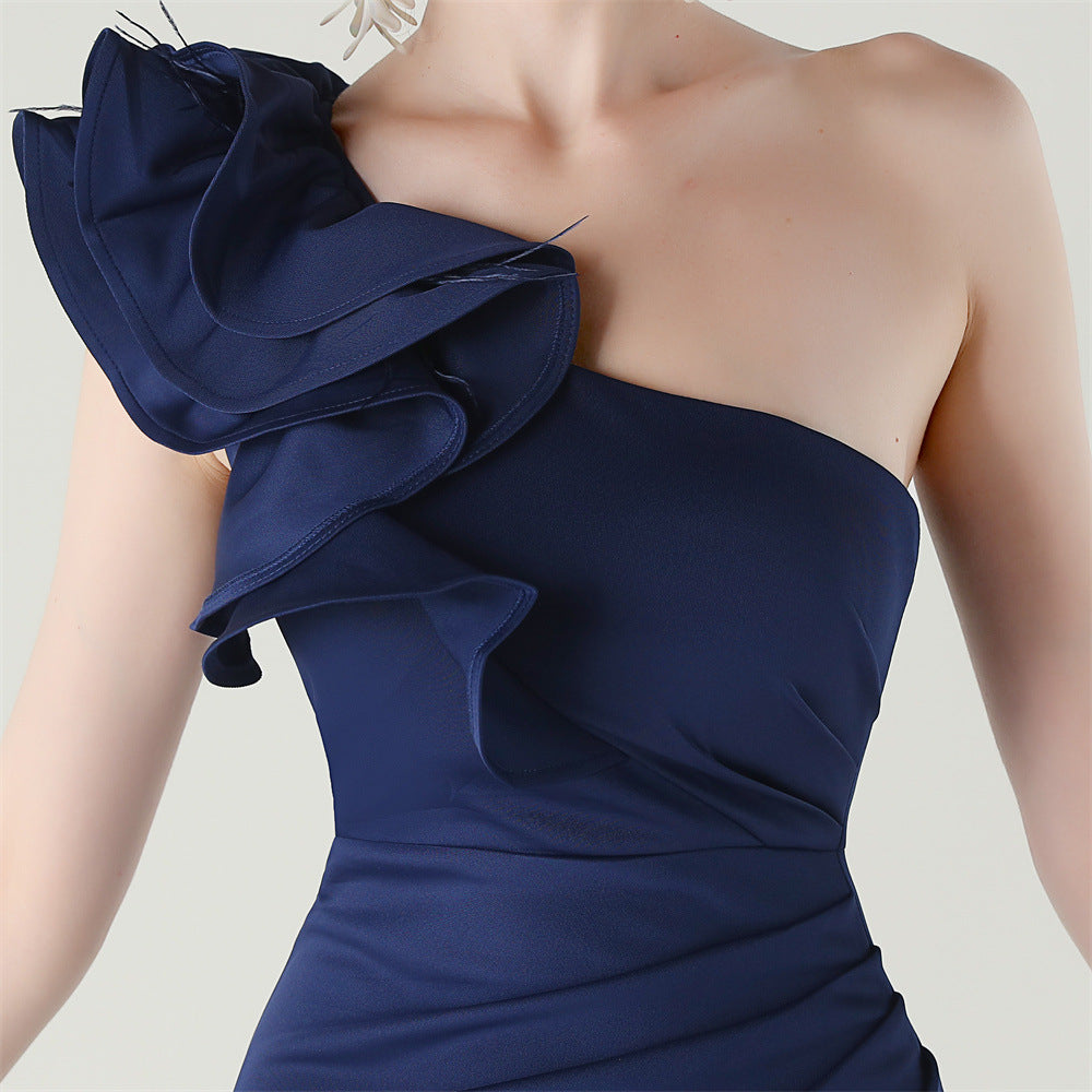 Women One-Shoulder Beaded Wool and Floral Satin Slit Sexy Evening Dress 55