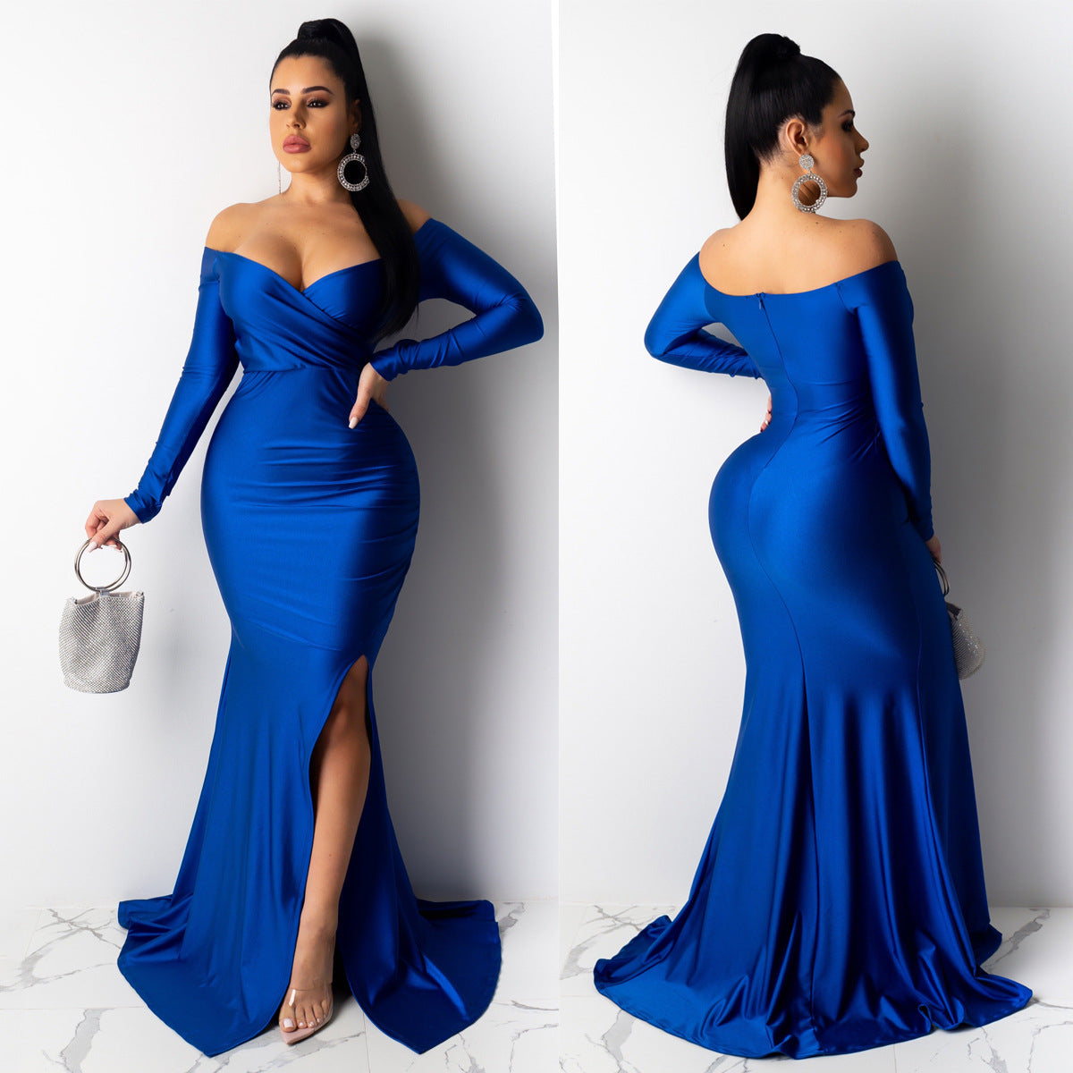 Women Sexy V-Neck Dress Solid Slit Long Sleeve Maxi Dress 5