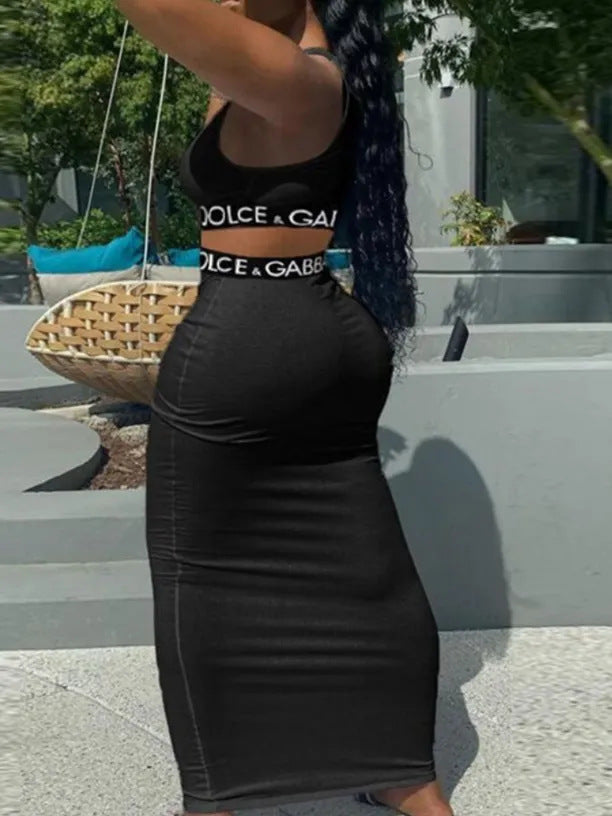 Women Summer Casual Letter Webbing Tank Top and Skirt Casual Two Piece Set 3