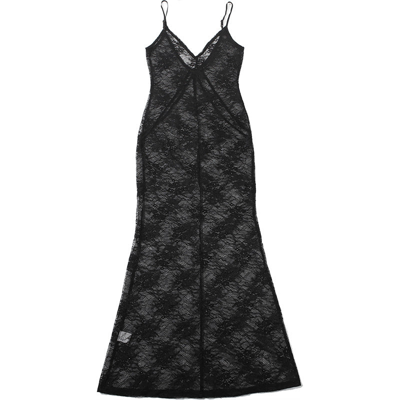 Autumn Women's Fashion Sexy Lace See-Through Low Back Strap Long Dress 16