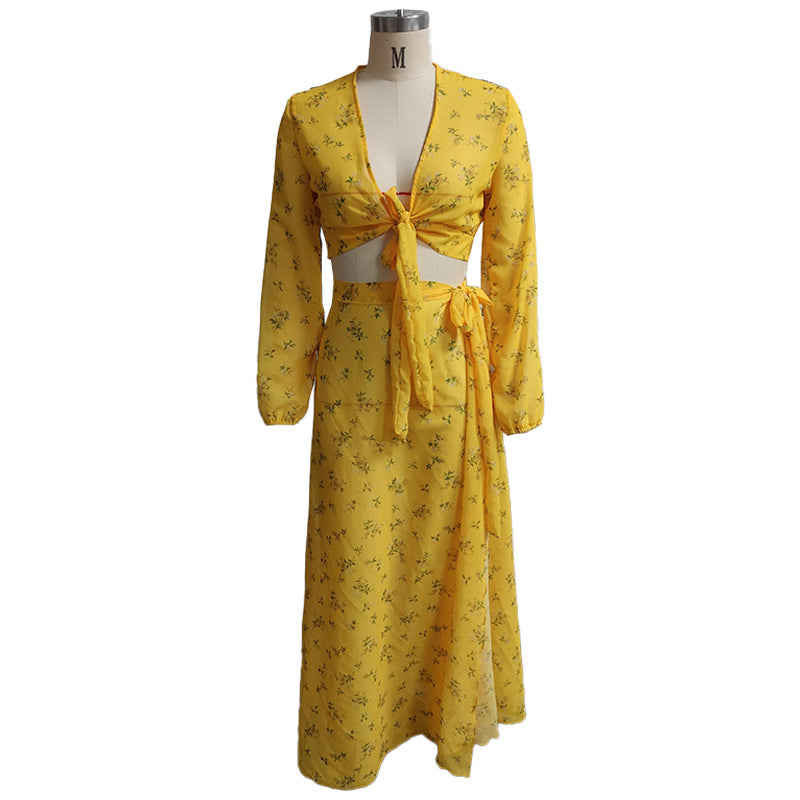 Fall Women Sexy Printed Lace-Up Shirt And Split Skirt Two Piece 11