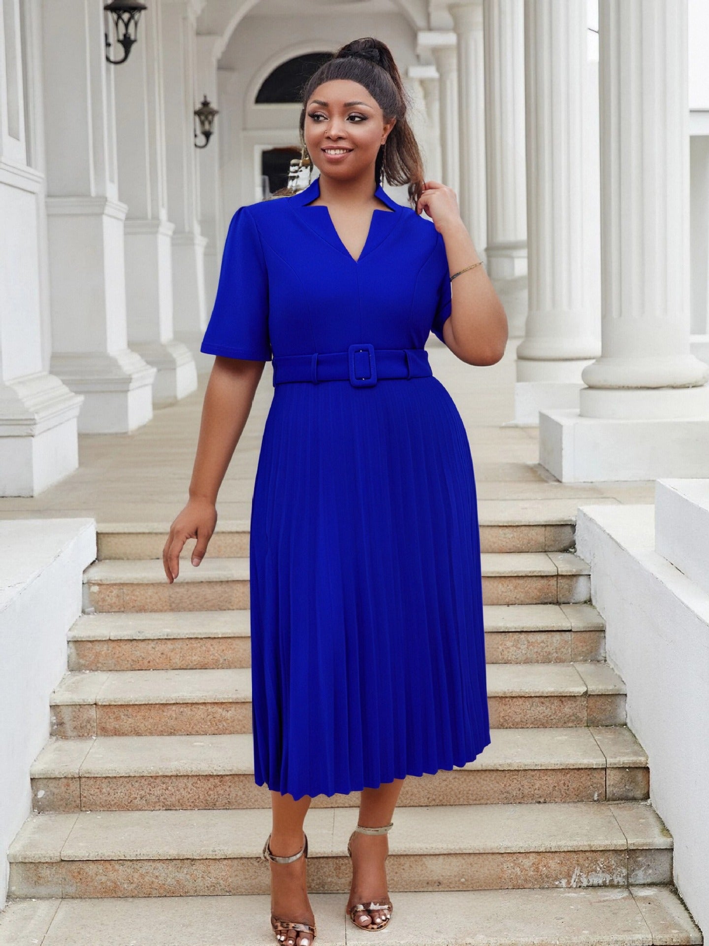 Plus Size Women's Office Summer Short Sleeve Fashion V-Neck High Waist Chic Pleated Long Dress 5