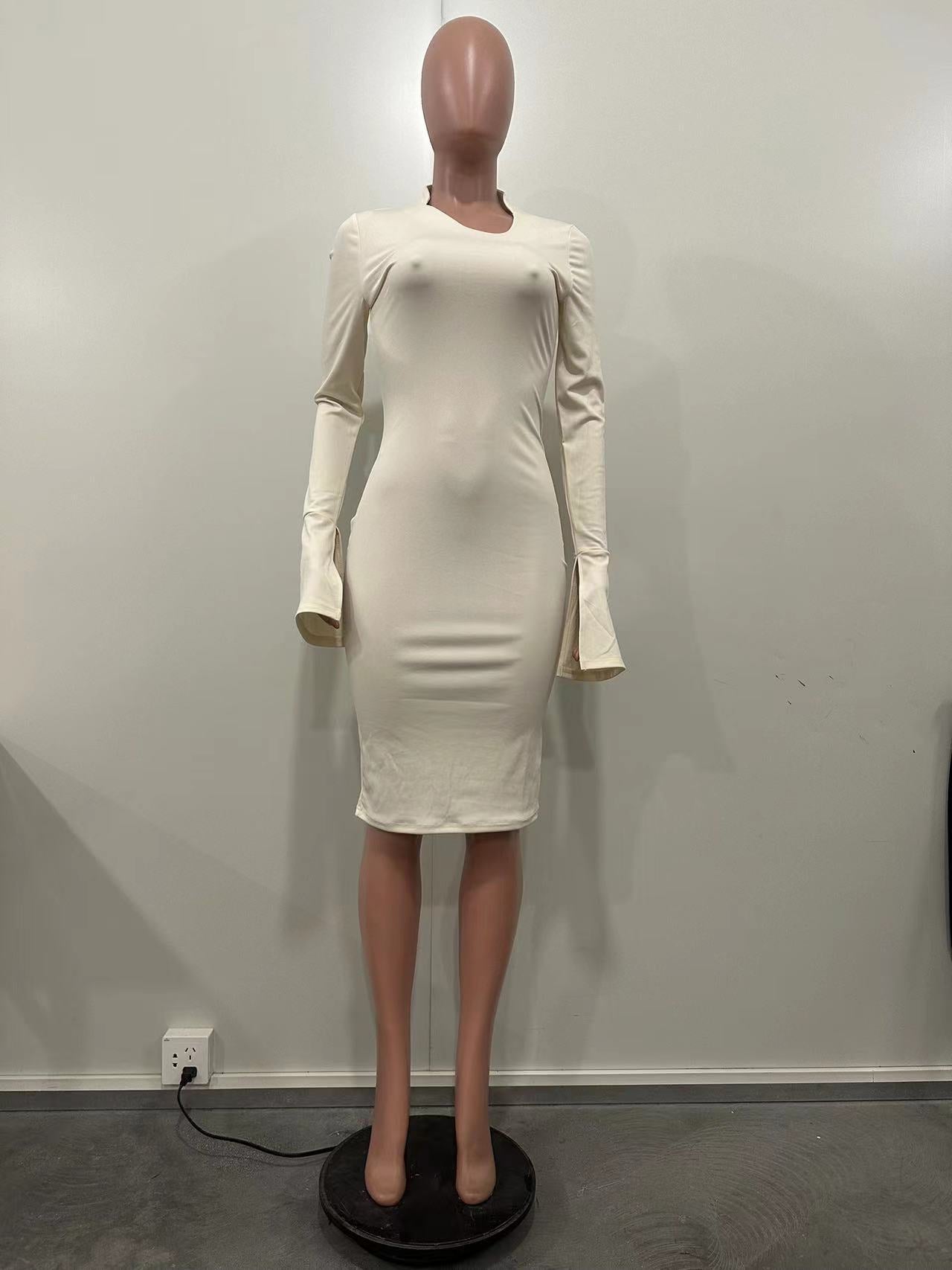 Spring And Autumn White Long Sleeve Solid Color Long Bodycon Dress 11