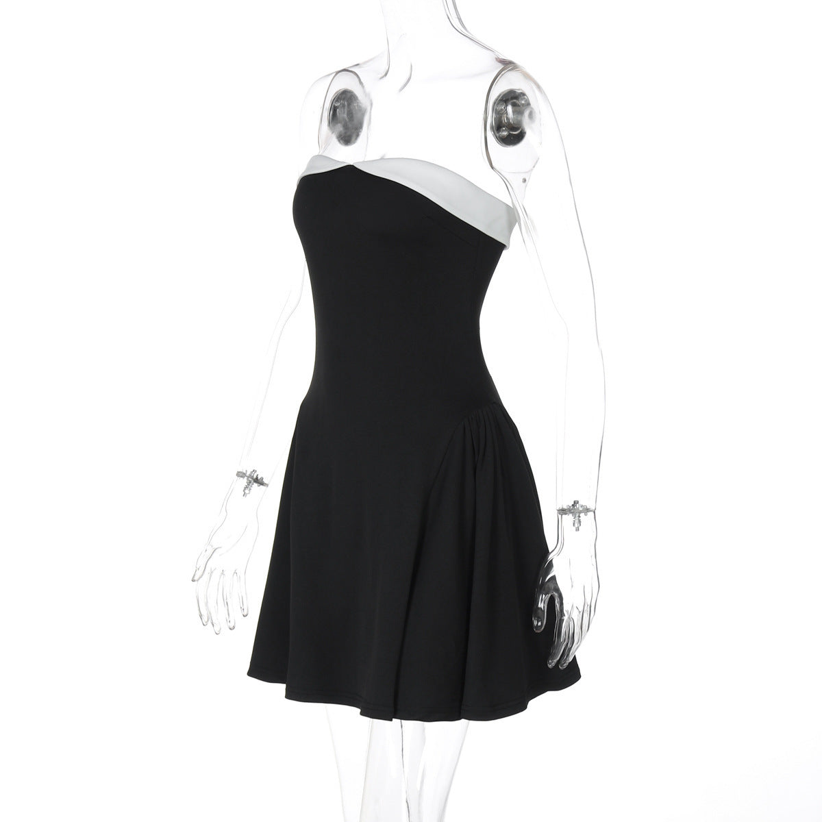 Women's Spring Patchwork Slim Waist Strapless A-Line Dress 11