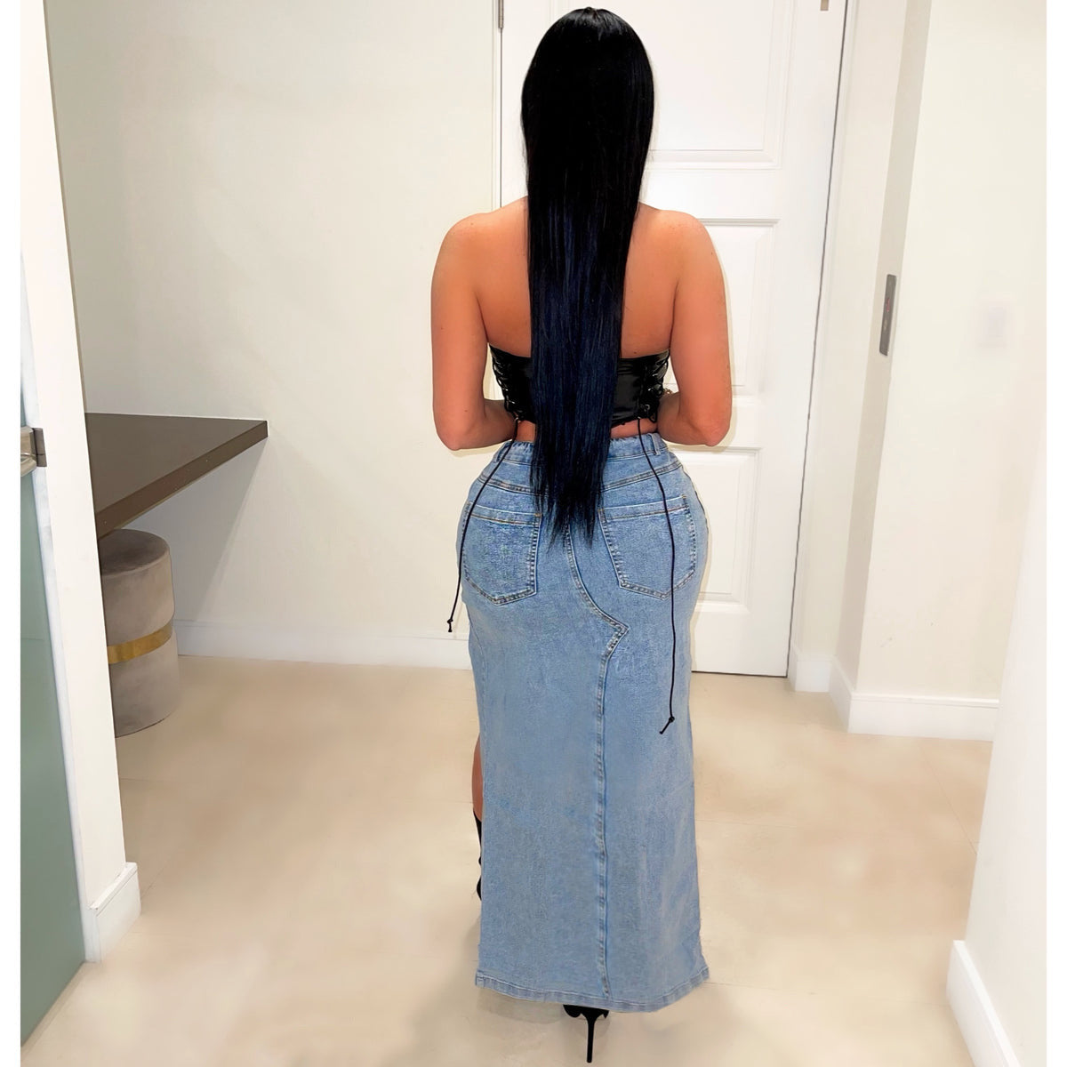 Women Washed Slit Denim Skirt 5