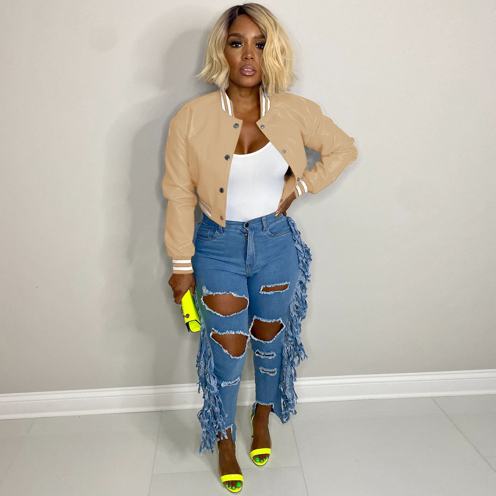 WomenCasual Ribbed Collar Pu-Leather Jacket 25