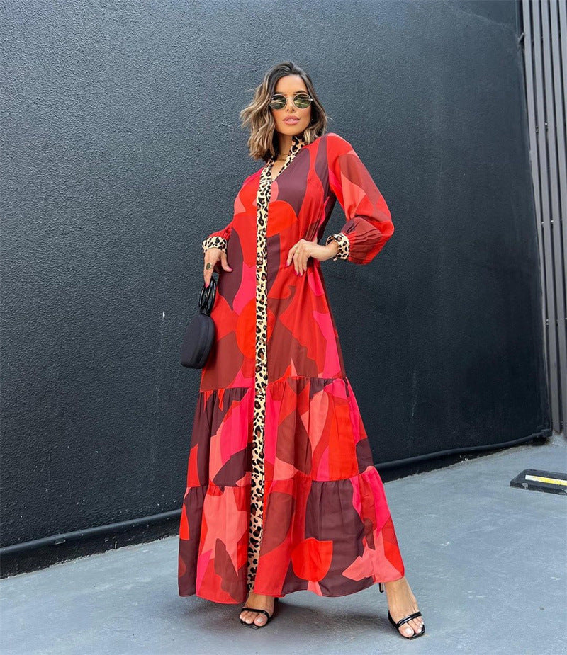 Women Autumn Printed Patchwork Button Casual Dress 7